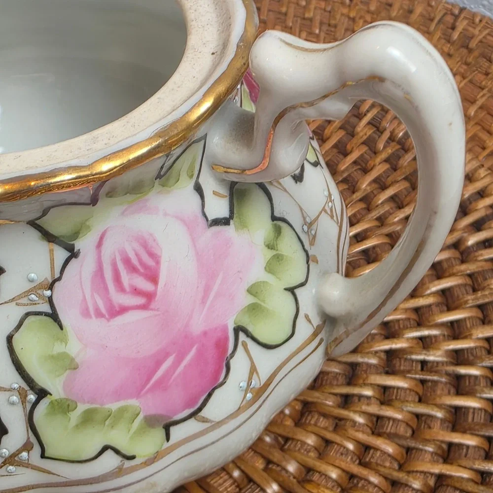 Antique 1890s Nippon Hand Painted Rose Porcelain Creamer & Sugar Bowl Set No Lid
